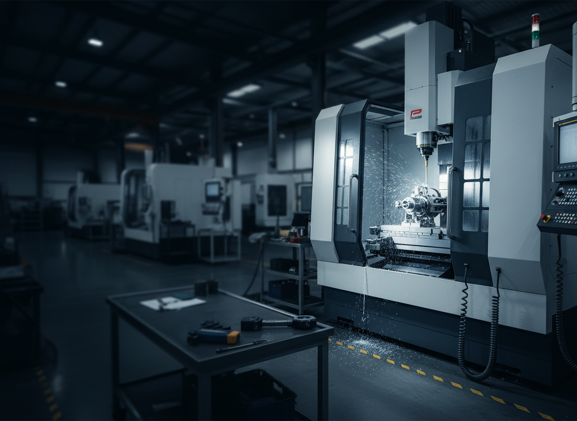 A wide, cinematic industrial manufacturing scene for a precision engineering website hero banner: a modern CNC machining center and VMC machine actively producing a precise metal component, clean metallic surfaces, subtle cool blue and steel-gray lighting, realistic professional factory environment, strong depth and composition with open darker space on the left for white headline text, no people, no logos, no readable text.